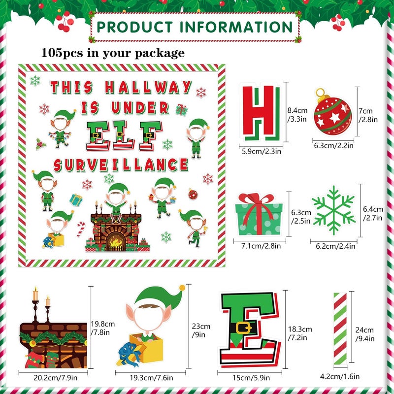 KMCCUMBER Christmas Bulletin Board Decorations Set, 105 Pcs Eif Cutouts with Figures Cards Red Green Stripe Borders Christmas Bulletin Board Classroom Decorations for Xmas Party School Wall Door Decor - Image 4